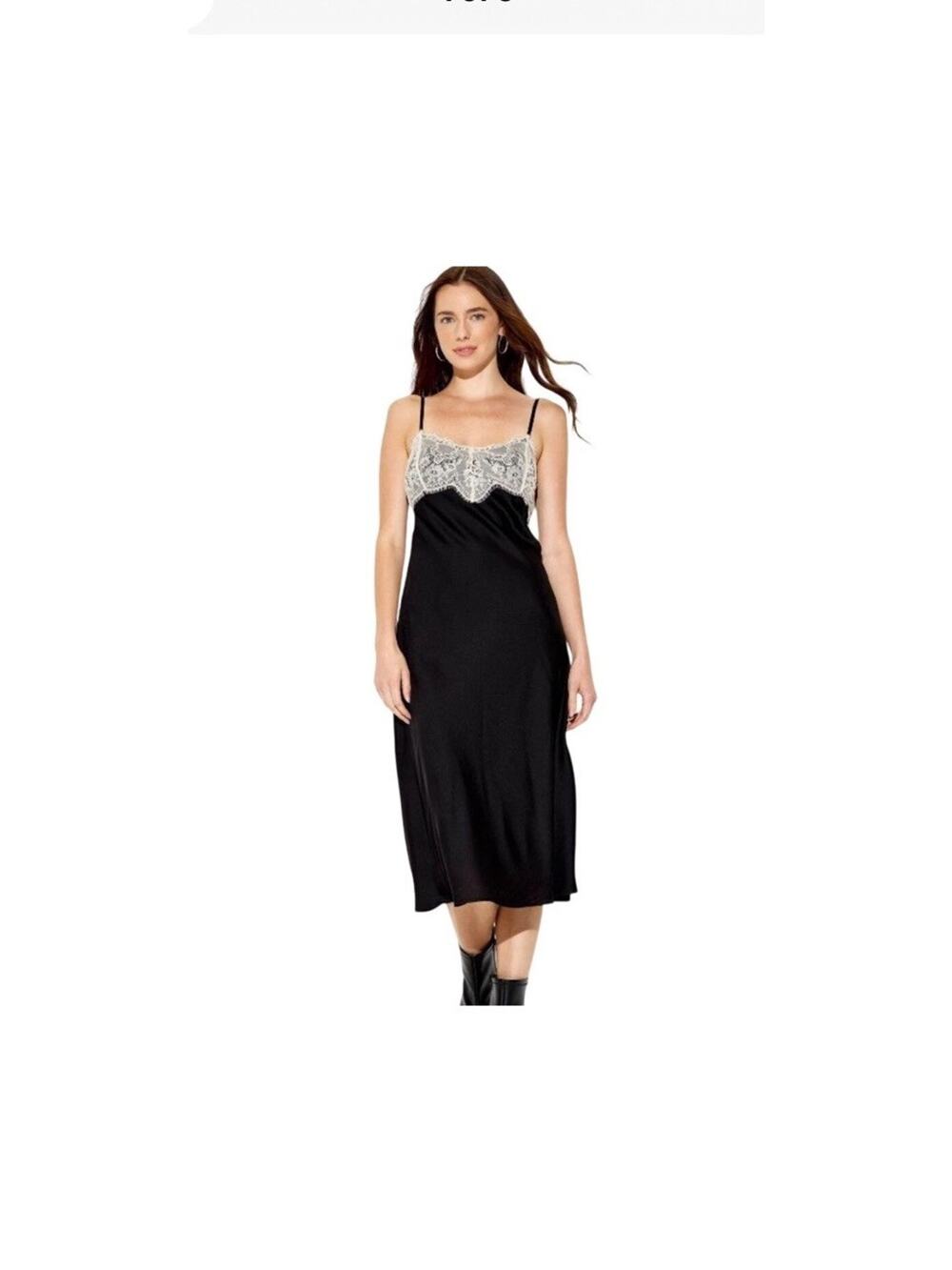 Women's Black Lace Trim Satin Midi Sleeveless Slip Dress M Whimsigoth Witchy